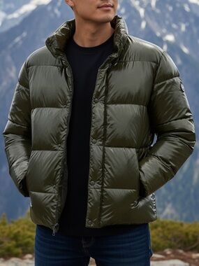 Michael Kors L Quilted Patent Puffer Jacket Coat Ivy High Shine MC60651 *defect*